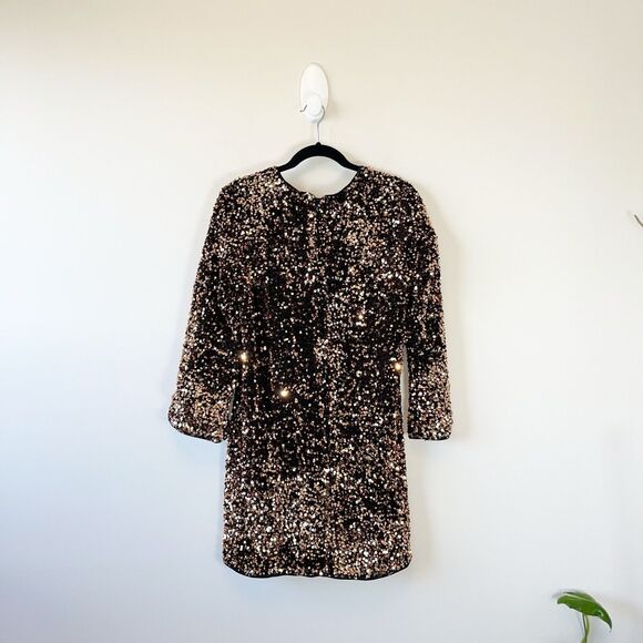 H&M Sequined A Line Mini Dress Gold Brown Party Holiday Glam Women's Size Medium - Picture 3 of 12